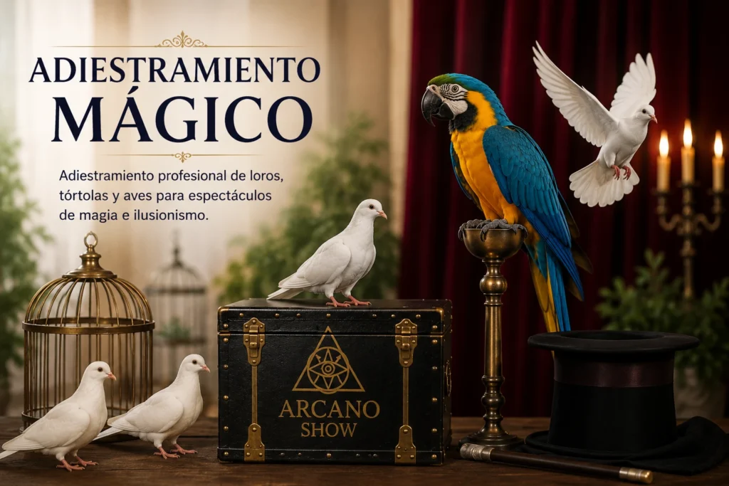 Adiestramiento mágico de loros y tórtolas para espectáculos de ilusionismo profesional