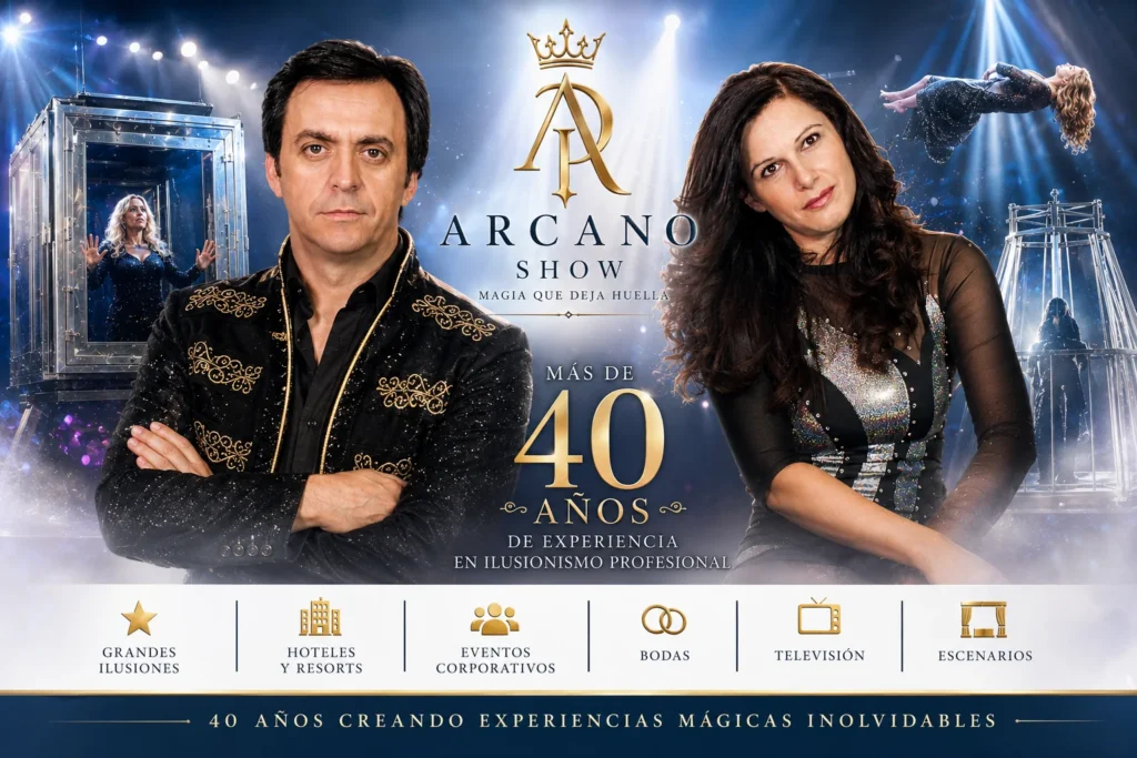 Arcano Show realizando grandes ilusiones y magia profesional en escenario.
