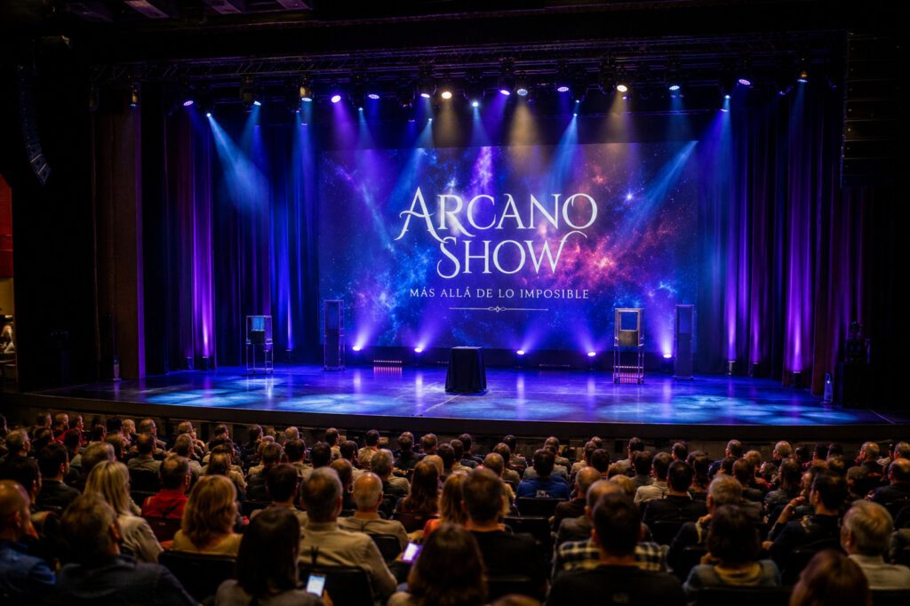 Arcano Show en teatro con espectáculo de magia profesional, escenario iluminado y público asistiendo a una experiencia de ilusionismo visual premium.